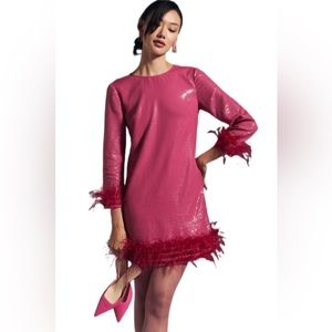 COPY - Anthropologie Vineet Bahl Faux Feather-Trimmed Sequin Shift Dress in pink
